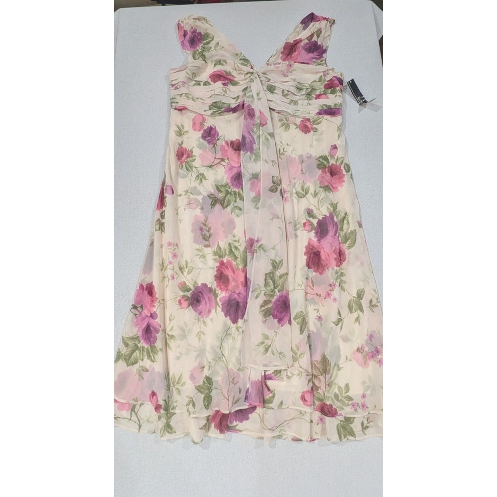 R&M Richards Floral Chiffon Dress Womens 14W Pink NWT V-Neck Cocktail
